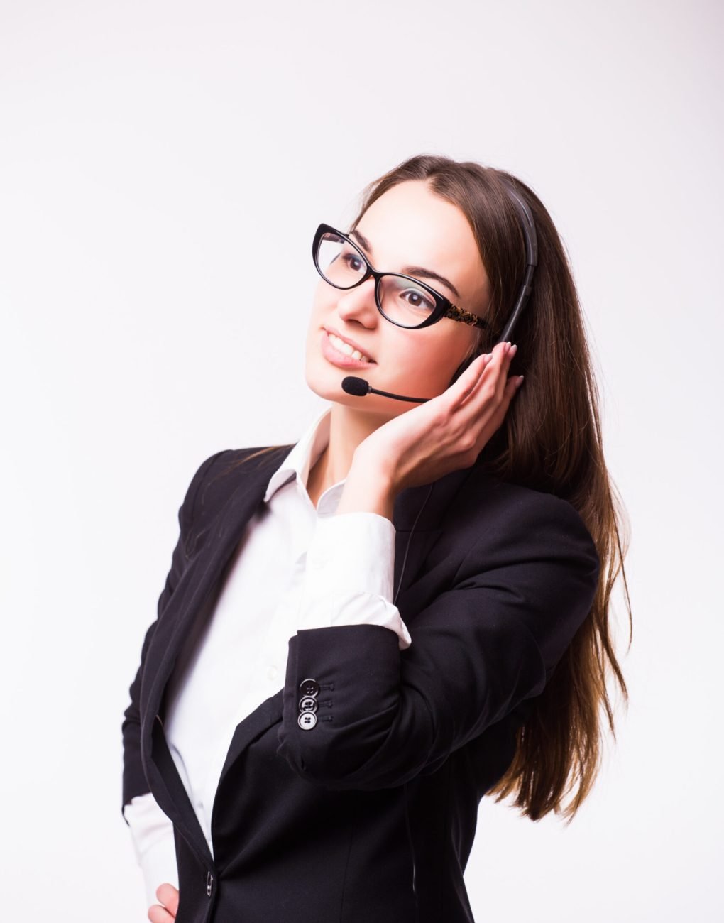 Portrait of happy smiling cheerful support phone operator in headset, isolated on white background
